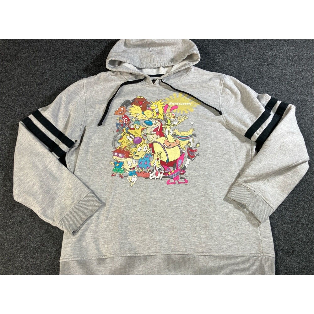 Vintage Nickelodeon 90s Nicktoons Cartoon Collage Hoodie Grey XL Rugrats Arnold